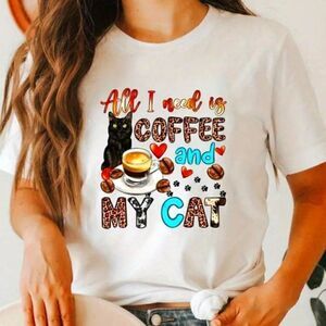 Graphic Print V-Neck T-Shirt All I Need is Coffee and my Cat T-Shirt
